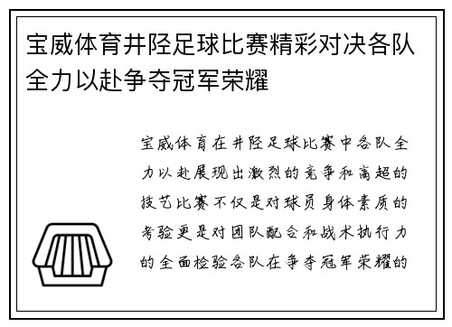 宝威体育井陉足球比赛精彩对决各队全力以赴争夺冠军荣耀