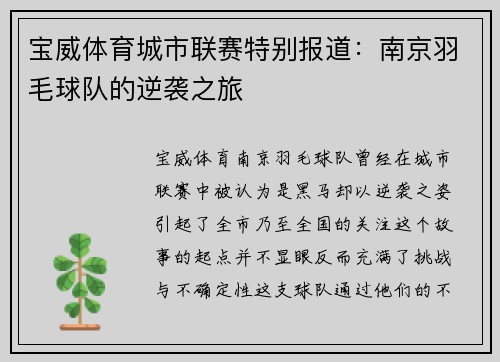 宝威体育城市联赛特别报道:南京羽毛球队的逆袭之旅
