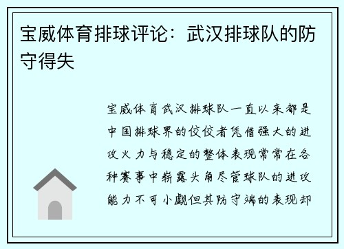 宝威体育排球评论：武汉排球队的防守得失